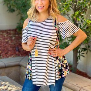 NWT Voll Floral and Stripes Cold Shoulder Top